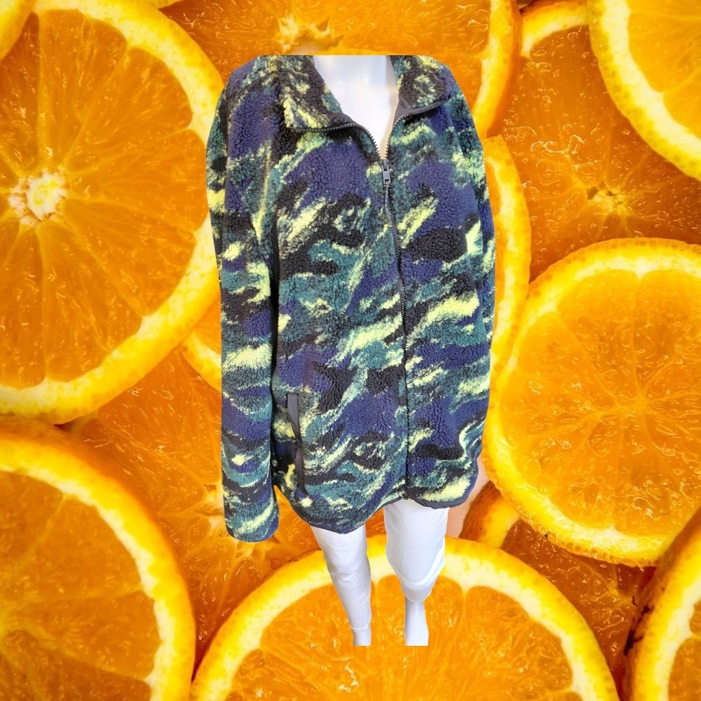American Eagle Mens L Sherpa Fleece Jacket Camo Navy‎ Lime Green Full Zip Mesh